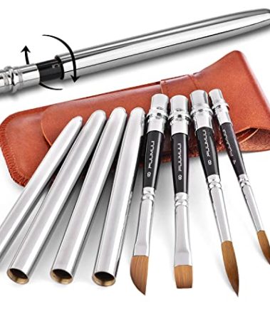Sable Travel Watercolor Brushes, Fuumuui 4pcs Kolinsky Sable Watercolor Travel Brushes with Leather Pouch - Fine Point Rounds Dagger Flat for Watercolor Gouache Ink Painting