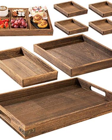 Yangbaga Rustic Wooden Serving Trays with Handle - Set of 7 Rectangular Platters for Entertaining, Breakfast, Coffee Table, Home Decor