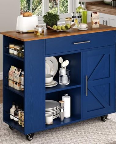 4 EVER WINNER Kitchen Island with Storage, Kitchen cart with Spice Rack & Towel Rack, Cabinet & Drawer, Small Kitchen Island with Open Shelves, Blue