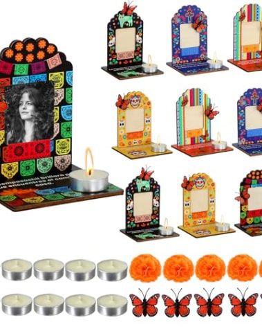 Dia De Los Muertos Decorations Picture Frames, Day of The Dead Altar with Candle, Marigold, Artificial Monarch Butterfly, Dia De Los Muertos Altar Kit Mini Sugar Skull Style Ofrenda Decorations