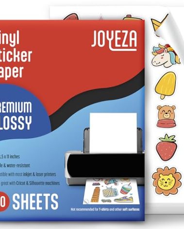 JOYEZA Premium Printable Vinyl Sticker Paper for Inkjet Printer - 80 Sheets Glossy White Waterproof, Dries Quickly Vivid Colors, Holds Ink well - Inkjet & Laser Printer