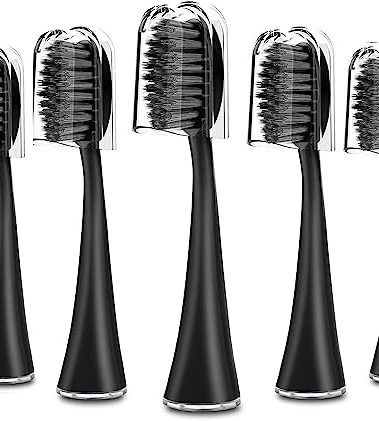 Replacement Toothbrush Heads for Burst Sonic Toothbrush with Dust Cover Caps, Soft Charcoal Bristles for Deep Clean, Black, Pack of 5
