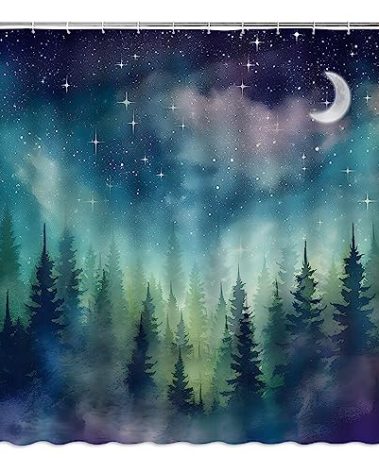 ZWSMZW Forest Moon Shower Curtain Watercolor Misty Forest Fantasy Starry Sky Galaxy Nature Gothic Scenery Abstract Outdoor Bathroom Decor Curtains with Hooks, Purple