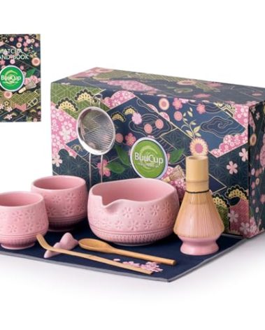 Buucup Matcha Whisk Set, 10 Pcs Matcha Set Includes Matcha Bowl, 2 Cups, Matcha Whisk and Holder, Bamboo Scoop and Spoon, Scoop Rest, Sifter and Tea Towel, Complete Matcha Kit (Pink)