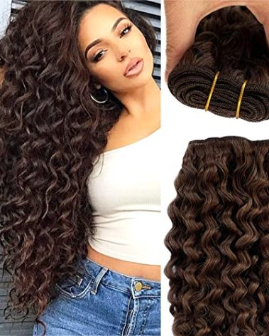 Curly Sew in Hair Extensions Real Human Hair Weft, Chocolate Brown Sew in Bundles Human Hair Colored Deep Wave Hair Wefts Human Hair Sew in Extensions for Women Remy Hair Weave Bundles 14 Inch