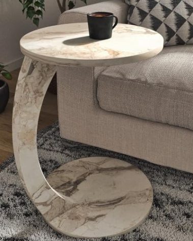 C Shaped End Table for Couch Small Places, Faux Marble White Space Saver Round Side Table for Sofa and Bedside with Wheels, Coffee and Snack Time Tray for Living Room (White Marble)