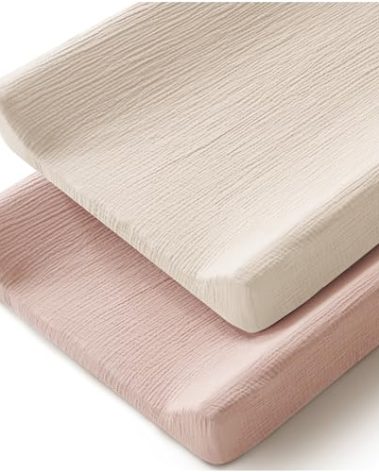 MairMore Changing Pad Cover for Neutral Baby Muslin Soft Cotton Diaper Changing Table Pad Cover Changing Pad Sheets for Girls and Boys - 2 Pack(Ivory&Pink)