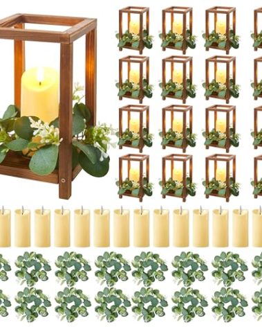 Tristcily 48 Pcs/16 Set Wooden Wedding Lantern Centerpiece,Wooden Centerpieces for Tables-with 16 Holders 16 Candles 16 Wreaths for Rustic Table Decoration Country Barn Wedding Party (Brown)