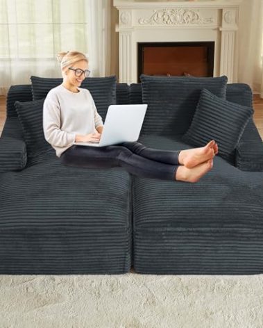 Suheww 78.8" Oversized Chaise Lounge Double, Dark Grey Sleeper Sectional Chaise Loveseat Lounge Sofa Bed, Comfy Compression Deep Seat Corduroy Cloud Couch for Dorm Bedroom Apartment