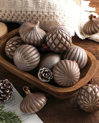 VioraWhite 12 Pcs Textured Christmas Ornaments 2.36'' Neutral Home Decor with Hanging Loop Brown Vintage Large Christmas Ornaments Modern Shatterproof Tree Decor for Farmhouse Xmas Tree (Retro Coffee)