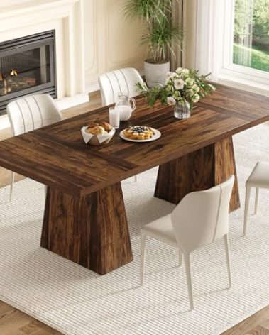 LITTLE TREE Dining Table for 6 People, Wooden Dining Table, Rectangle Table with Heavy Duty Legs, Modern Dining Table for Kitchen, Dining Room, Brown