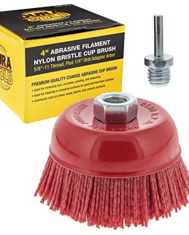 Dura-Gold 4" Abrasive Filament Nylon Bristle Cup Brush - 5/8" 11 Thread, 1/4" Hex Drill Shank Arbor, Coarse Grit Angle Grinder Brush for Truck Bed Liner Surface Prep, Sanding, Rust & Paint Removal