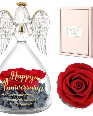 Yamonic Happy Anniversary Wedding Gifts for Wife - Forever Real Rose Angel Figurines Gifts for Her Preserved Red Real Rose Glass Angel for Wedding Anniversary Birthday Gift for Wife