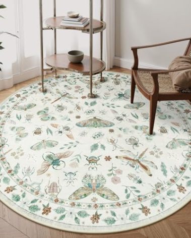 Lahome Insect Washable Round Area Rug, Soft Round Rugs 6ft Ultra-Thin Non-Slip, Boho Large Circle Carpet for Bedroom Living Room Kitchen Nursery, Beige