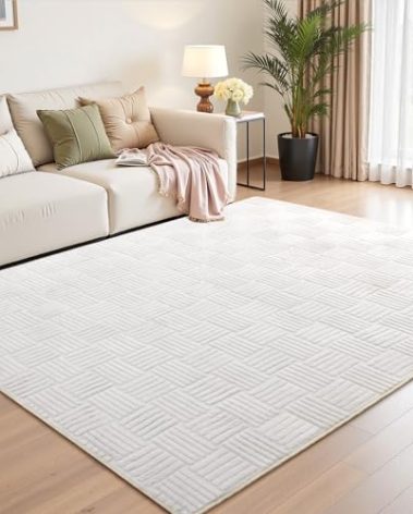 5x7 White Washable Shag Area Rug for Girls Bedroom, Modern Geometric Non Slip Living Room Rugs, Fluffy Soft Thick Carpet for Kids Room, Dorm, Office, and Home Decor
