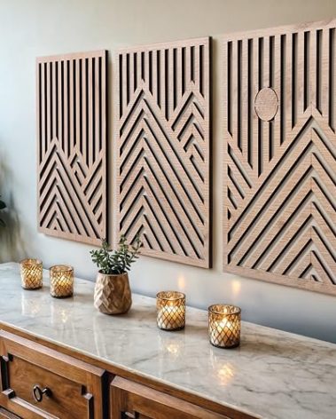 qmmp Modern Wooden Wall Sculptures - Set of 3 - MDF - Oak - Home Decor Accent - Large Wall Art for Living Room, Bedroom, Office - Easy Installation (Oak, Large - Mountain and Sun, Unframed)