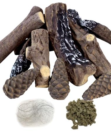 MrGas 10 Pcs Small Sized Fake Fireplace Log Set With Pine Cones, Ceramic Wood Fireplace Gas Inserts, Vented Faux Artificial Heat Resistant Logs for Electric or Indoor Outdoor Fire Pits