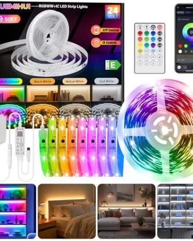 RGBWW+IC LED Strip Lights 50Ft, Dimmable Multi-Colored+3000K-6500K LED Lights with Remote and APP, Flexible Self-adhesive Color Changing LED Tape Lights, 24V Cuttable DIY Strip Lighting for Home Stair