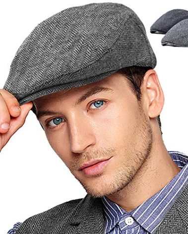 LADYBRO 2Pack Wool Blend Tweeed Newsboy Hat Men Flat Cap Fishing (Black+Grey, XL/XXL)