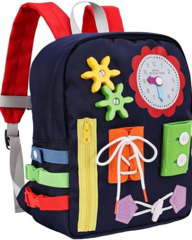 Busy Board Montessori Toys for Toddlers 1-4, Toddler Backpack with Buckles, Learning Activity, Travel Toys for Plane & Car, Fine Motor Skills, Gifts for Boys & Girls