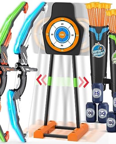 HYES 2 Pack Bow and Arrow with Moving Target for Kids, LED Light Up Archery Set with 24 Suction Cup Arrows, 6 Score Targets & 2 Quiver, Indoor Outdoor Sport Gifts for Boys Girls Ages 4-12