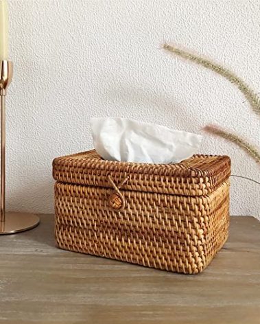 5 Inch Tall Rattan Tissue Box Cover Rectangular with Hinged Top Lid and Bead, Boho Woven Facial Napkin Holder, Decorative Napkin Dispenser Holder Organizer for Dresser Bathroom Décor, Brown