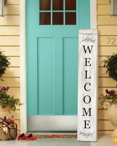 Welcome Sign for Front Porch Standing - Wooden Vertical Hanging Farmhouse Decor With Leaves for Front Door and Home Decorations 47.2"H
