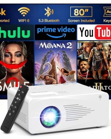 4K Projector with 5G WiFi and Two-Way Bluetooth, Native 1080P Portable Outdoor Movie Projector, Mini Projector Compatible with HDMI, USB, Smartphone (1080P Projector)
