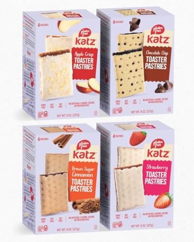 Katz Gluten Free Snacks Toaster Pastries 4 Flavor Fruit Variety Pack Apple Crisp, Cinnamon, Chocolate Chip & Strawberry. Free of Dairy, Soy, Tree nuts, and peanuts. Kosher 8oz (4pk)