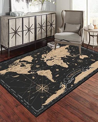 PeeNoke World Map Vintage Black Golden Detailed Area Rug Outdoor Patio Rug Play Mat Modern Floor Carpet Non-Slip Home Decor Living Room Kids Bedroom Nursery, 3x5 ft