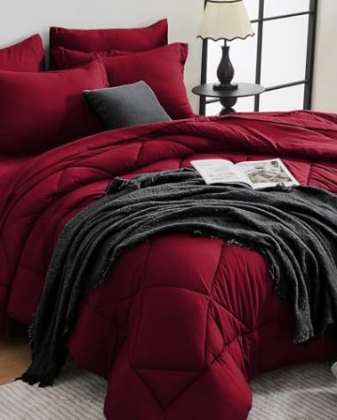HEVUMYI Red Full Comforter Set - 7-Piece All Season Bed in a Bag Full, Ultra Soft Bedding Set with Comforter, Flat Sheet, Fitted Sheet, Pillowcases, Pillow Shams