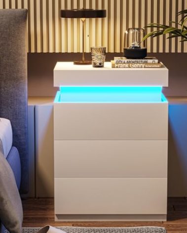 ADORNEVE Nightstand with Charging Station and LED Lights,Night Stand with Sliding Top for Bedroom,Bedside Table with Drawers,Modern End Side Table,White