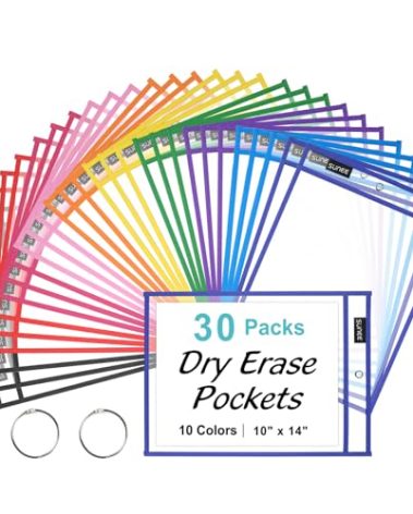 SUNEE 30 Packs Oversized Reusable Dry Erase Pocket Sleeves with 2 Rings, 10 Assorted Colors 10x14 Ticket Holders, Clear Plastic Sheet Protectors, Teacher School Classroom Supplies