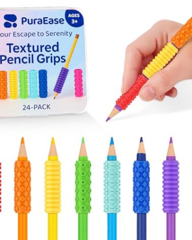 PuraEase Textured Pencil Grips for Kids, Teens & Adults – 24PC Sensory Fidget Toys for ADHD, Autism, Anxiety & Stress Relief - Ideal for Teachers as Educational Tools or Classroom Rewards