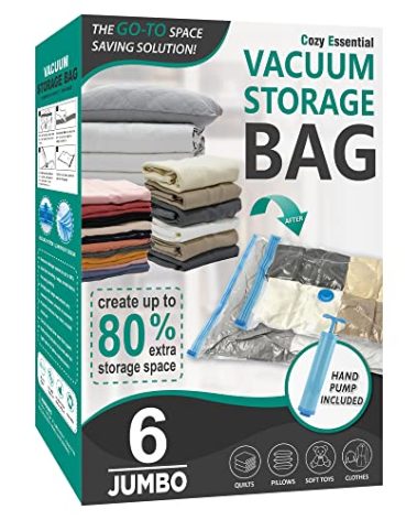 6 Jumbo Vacuum Storage Bags, Space Saver Bags Compression Storage Bags for Comforters and Blankets, Vacuum Sealer Bags for Clothes Storage, Hand Pump Included