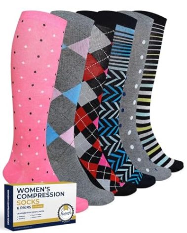 Pembrook Light Compression Socks for Women - 6 Pairs | 8-15 mmHg Compression Socks Women | Polkadots, Polkadots, Argyle, Striped Compression Socks Women | Cotton Compression Socks for Women