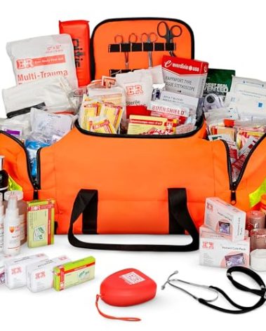 Large EMT Trauma Bag – Fully Stocked First Aid Kit with Tourniquet, Gauze, CPR Mask, Trauma Shears & Emergency Medical Supplies – Orange