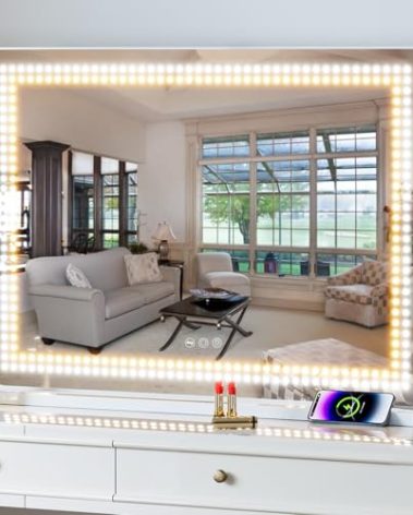 Misavanity Vanity Mirror with Lights Dots Makeup Mirror with LED Lights 31.5" x 22.8" Tempered Glass Lamp Bead Touch Screen Control Dimmable 3 Colors Modes USB Charging Port 10X Magnification, White