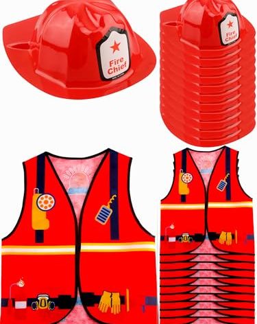 Puteraya 24 Pcs Kids Fireman Costumes Includes 12 Fireman Helmets Firefighter Hats and 12 Fireman Vests Firefighter Dress Up Set for Boys Girls Birthday Party Halloween Pretend