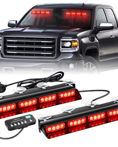XRIDONSEN Emergency Dash Strobe Lights Safety Flashing Warning Hazard Interior Front/Rear Windshield Deck Split Lights w/Suction Cups for Volunteer Firefighter Police Vehicles Trucks (2x14 inch, Red)