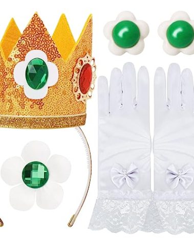 ICECUTE 4 PCS Princess Crown Accessories Kit,Incl. Flower Crown/Brooch/Earring/Glove,Dress Up Accessories for Women Gold