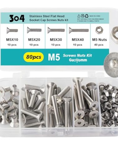 GuoYomm M5 x 10mm 20mm 30mm 40mm, Flat Head Hex Socket Cap Screws Bolts, Countersunk Bolts and Nuts, Stainless Steel 304, Bright Finish, Metric Allen Drive, Fully Thread, Assortment Kit 80PCS