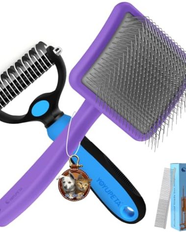 YOYUPETA Large Slicker Brush for Dogs - 3PC Pet Grooming Kit - Undercoat Rake & Stainless Comb | Long Pins Remove Mats on Poodles, Golden, Labradoodles | Thick Coat Deshedder for Dogs, Cats, Purple