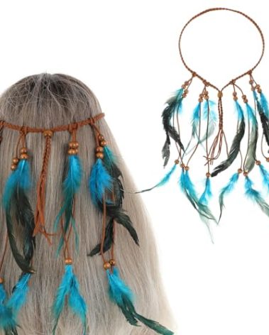 guduling Indian Headdress,Boho Indian Feather Headband,Native American Headband,Hippie Headbands for Women, Native American Hair Accessories for Women and Girls (Blue)