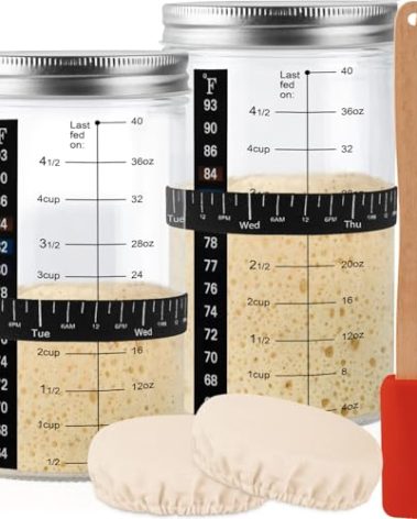 Tyniaide 40 Oz Sourdough Starter Kit 2 Pack– Extra Thermometer Strips and Breathable Covers Included in Sourdough Starter Jar – A Perfect Sourdough Bread Starter Kit for Beginners to Expert