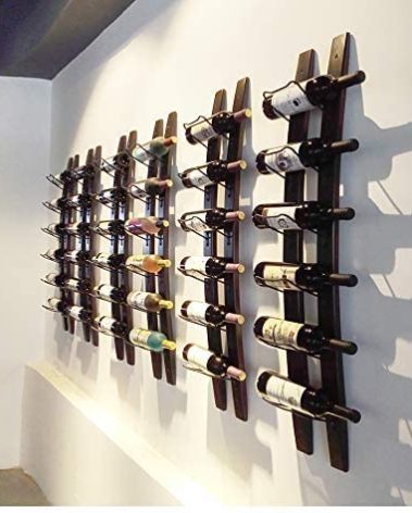 DCIGNA Wall Mounted Wine Rack, Barrel Stave Wine Rack, Imported Pine Wood and Metal Wine Bottle Holder Rack - 6 Bottles 40x7.6inch (Red Wine Color)