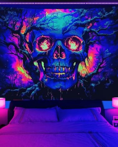 Xiaoput Blacklight Fire Skull Tapestry for Bedroom, Trippy UV Reactive Burning Skeleton Forest Wall Hanging Tapestries, Scary Dark Horror Glow in the Dark Tapestries for Living Room Home Dorm 80X60IN