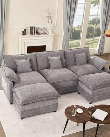 GOSUHI 108" U Shaped Couch, Modular Sectional Sofa, 3-Seater Comfy Cloud Couch with Movable Ottoman, Deep Seat Couches for Living Room, Chenille, Slate