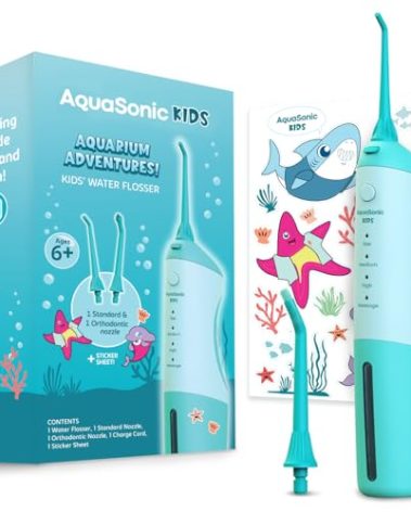 AquaSonic Kids' Water Flosser for Ages 6+ | Standard Nozzle, Orthodontic Nozzle & Waterproof Stickers | 4 Flossing Modes | Aquarium Adventures Theme (Blue)