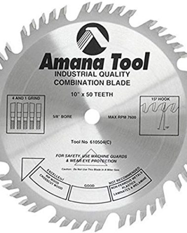Amana Tool - (610504) Carbide Tipped Combination Ripping & Crosscut 10" Dia x 50T 4+1, 15 Deg, 5/8 Bore, Silver